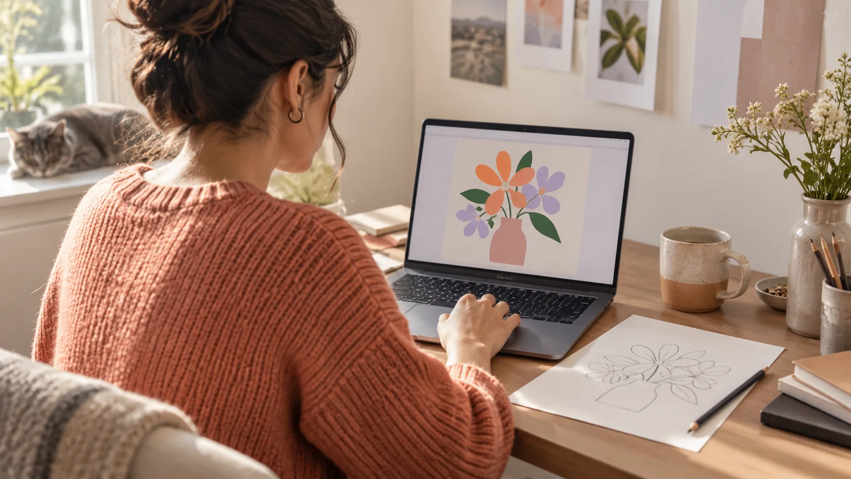 A casual creator makes a simple visual draft at a home desk.