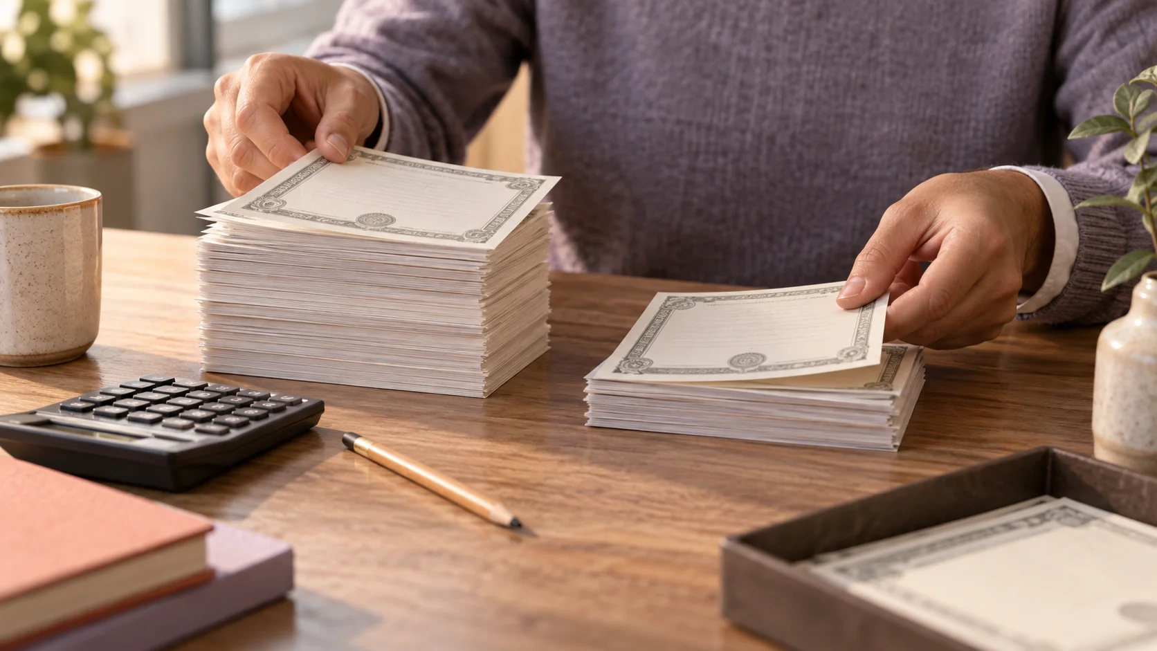 An analyst compares two stacks of share certificates at a desk.