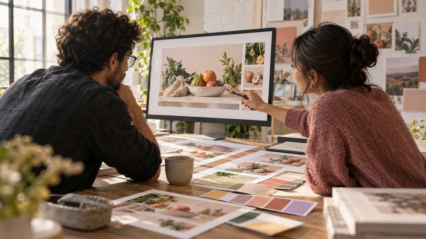 Two creative professionals review a design together across a screen and printed proofs.