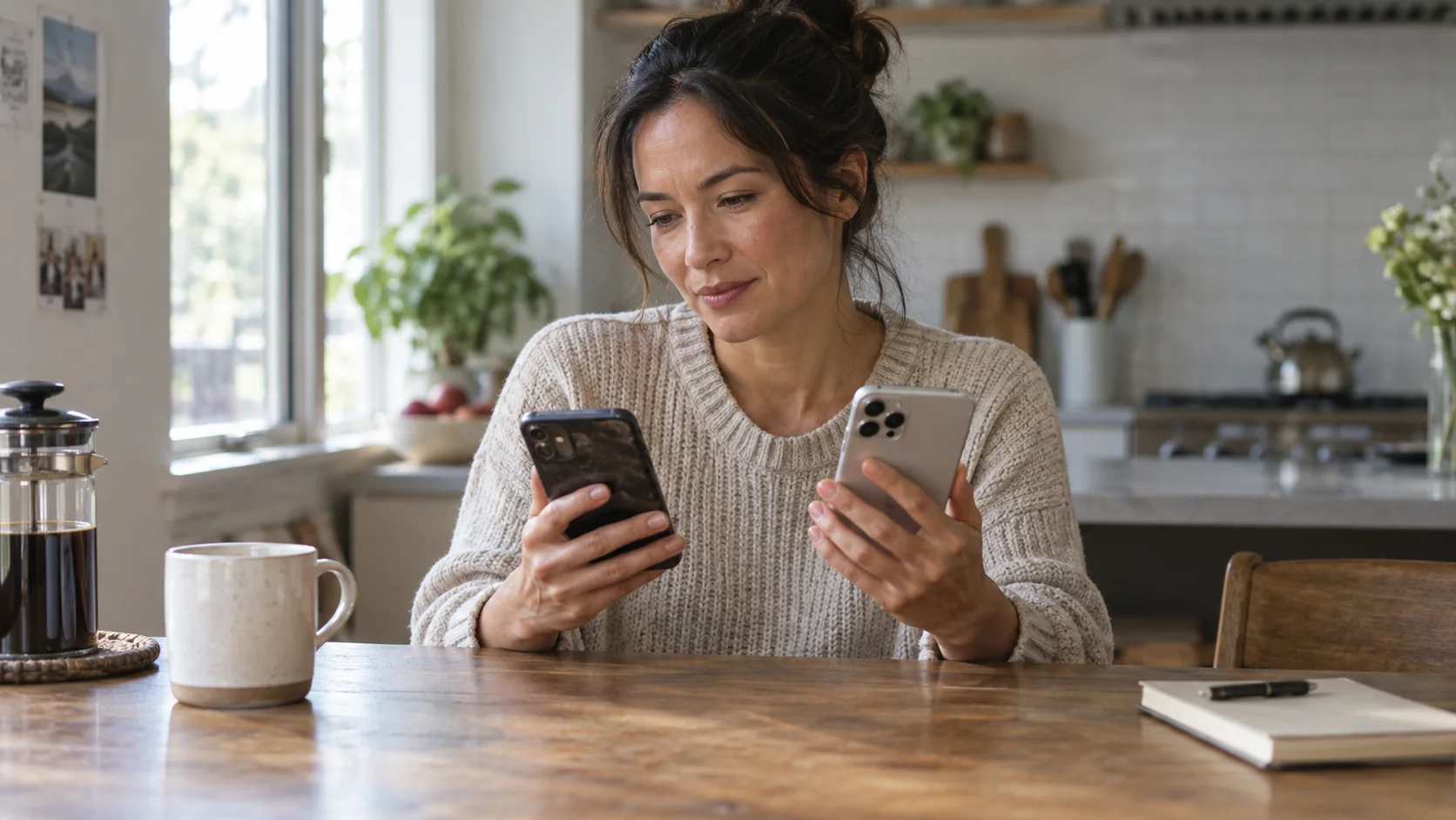 A customer compares an older phone with a new one at home.