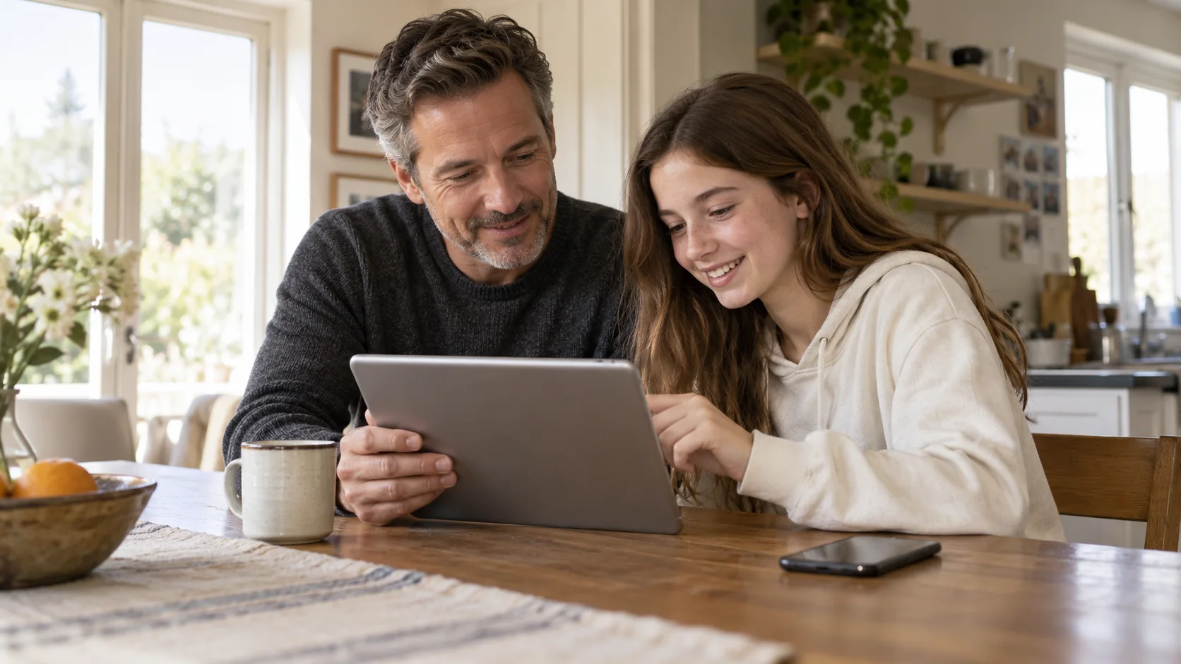 A father and daughter use a tablet together at home.