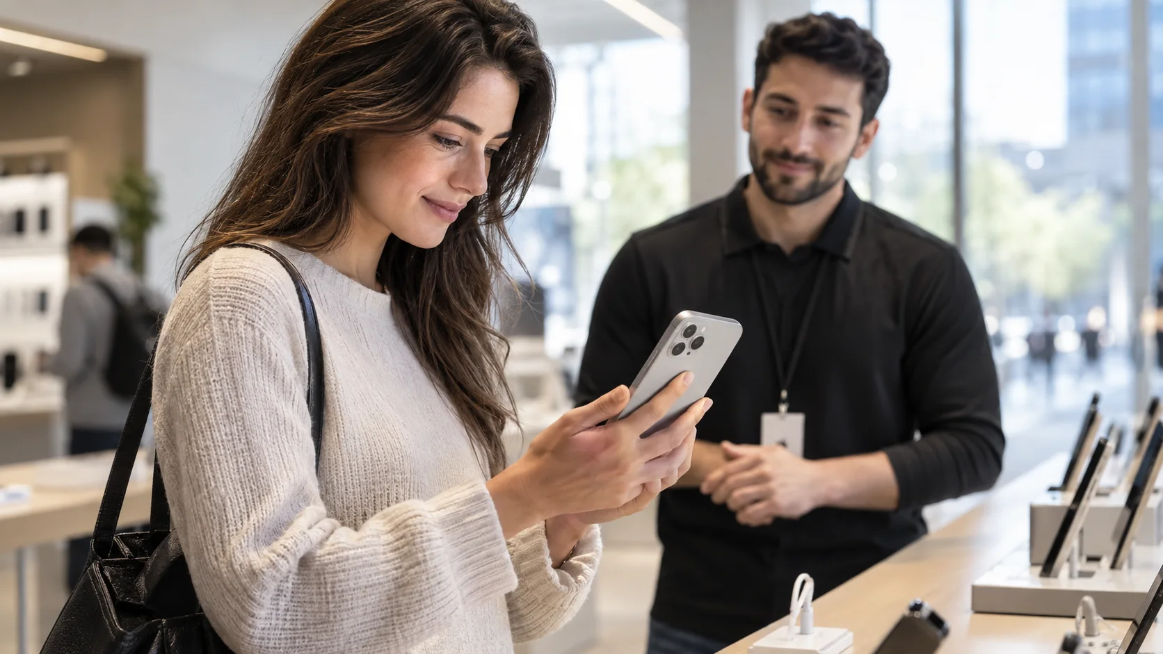 A customer examines a phone in an electronics shop.