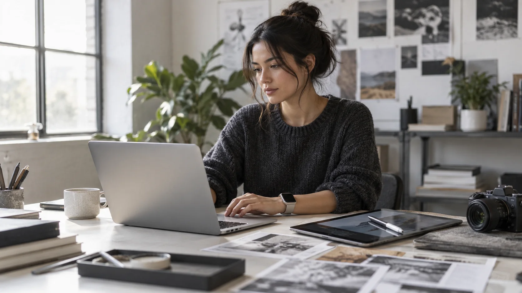 A creative professional works with a laptop, tablet and watch.
