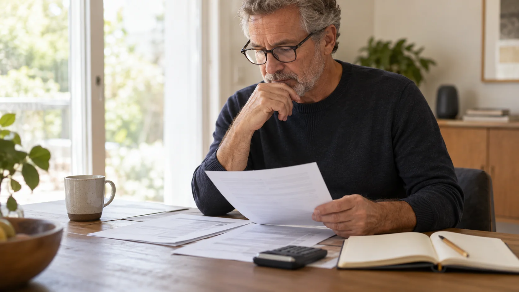 An investor reviews company papers and a notebook at home.