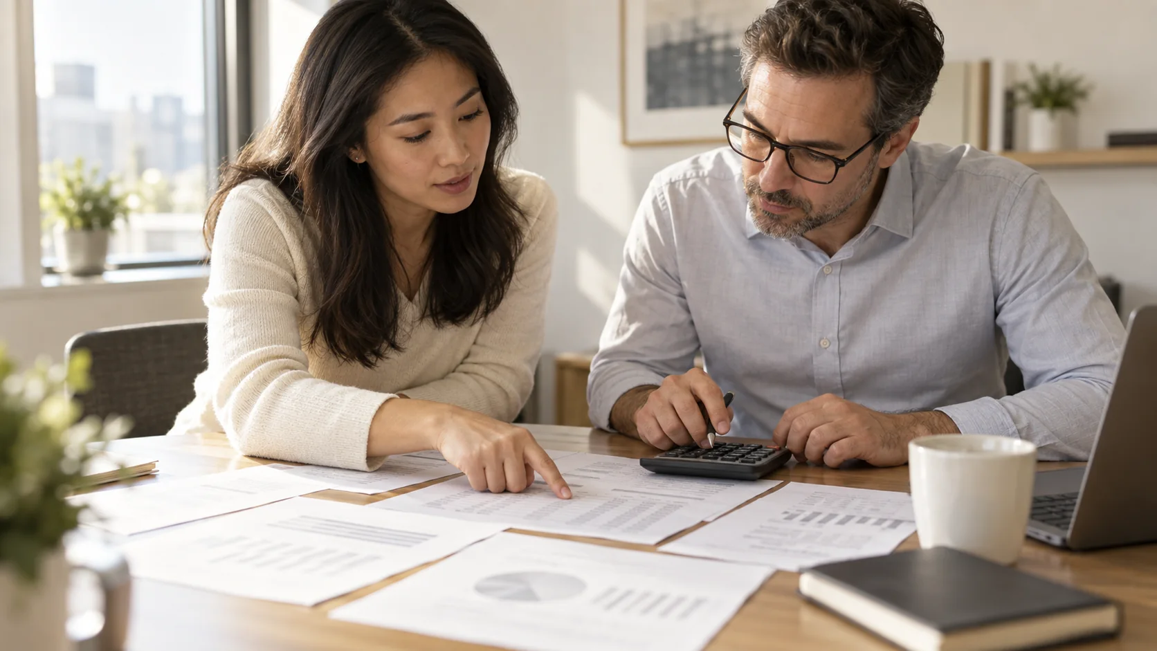 Two finance colleagues review papers and a calculator together.