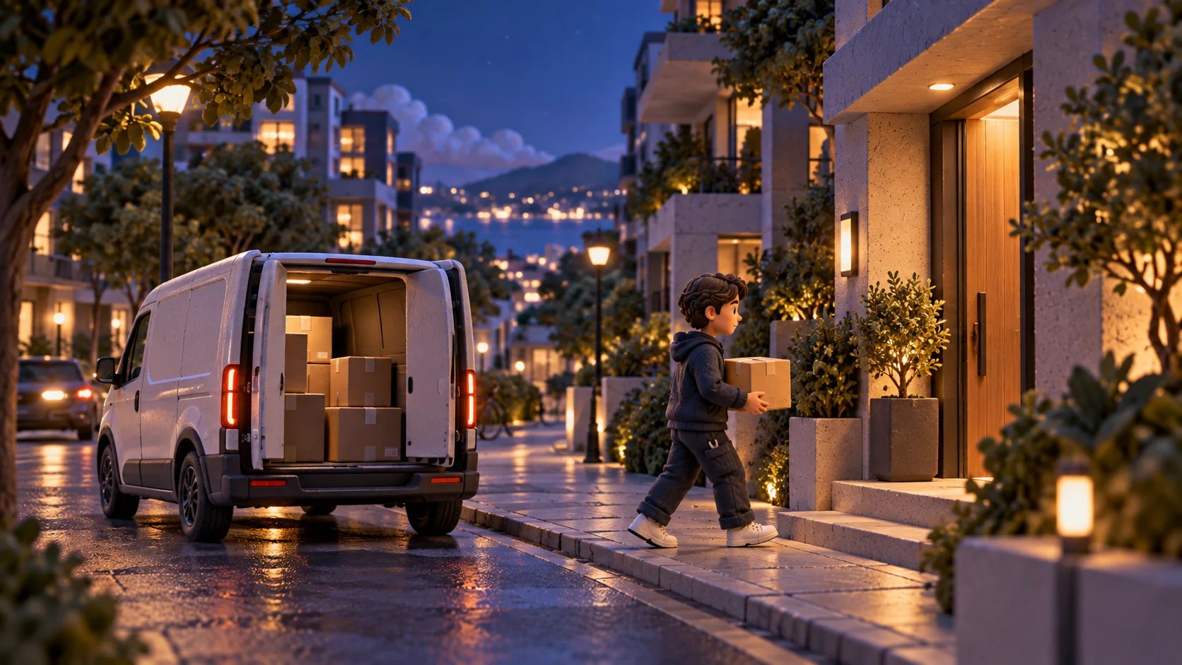 A courier brings a parcel from a delivery van to the customer’s doorstep.