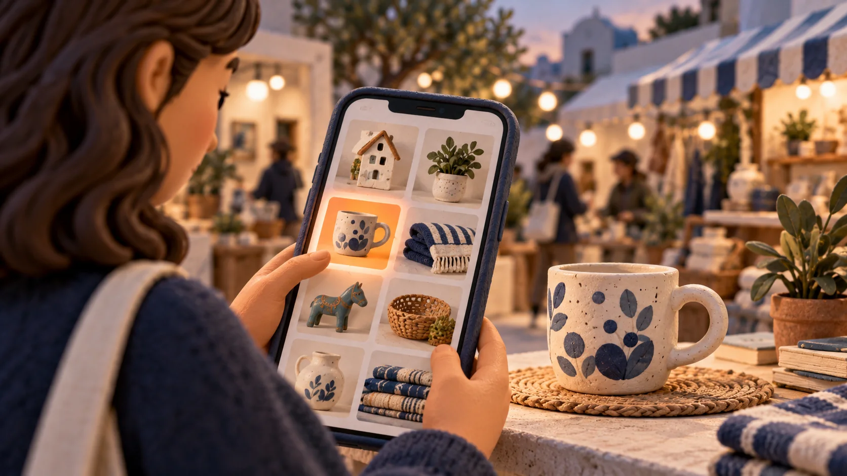 A shopper browses a phone catalog with one product highlighted beside the matching item.