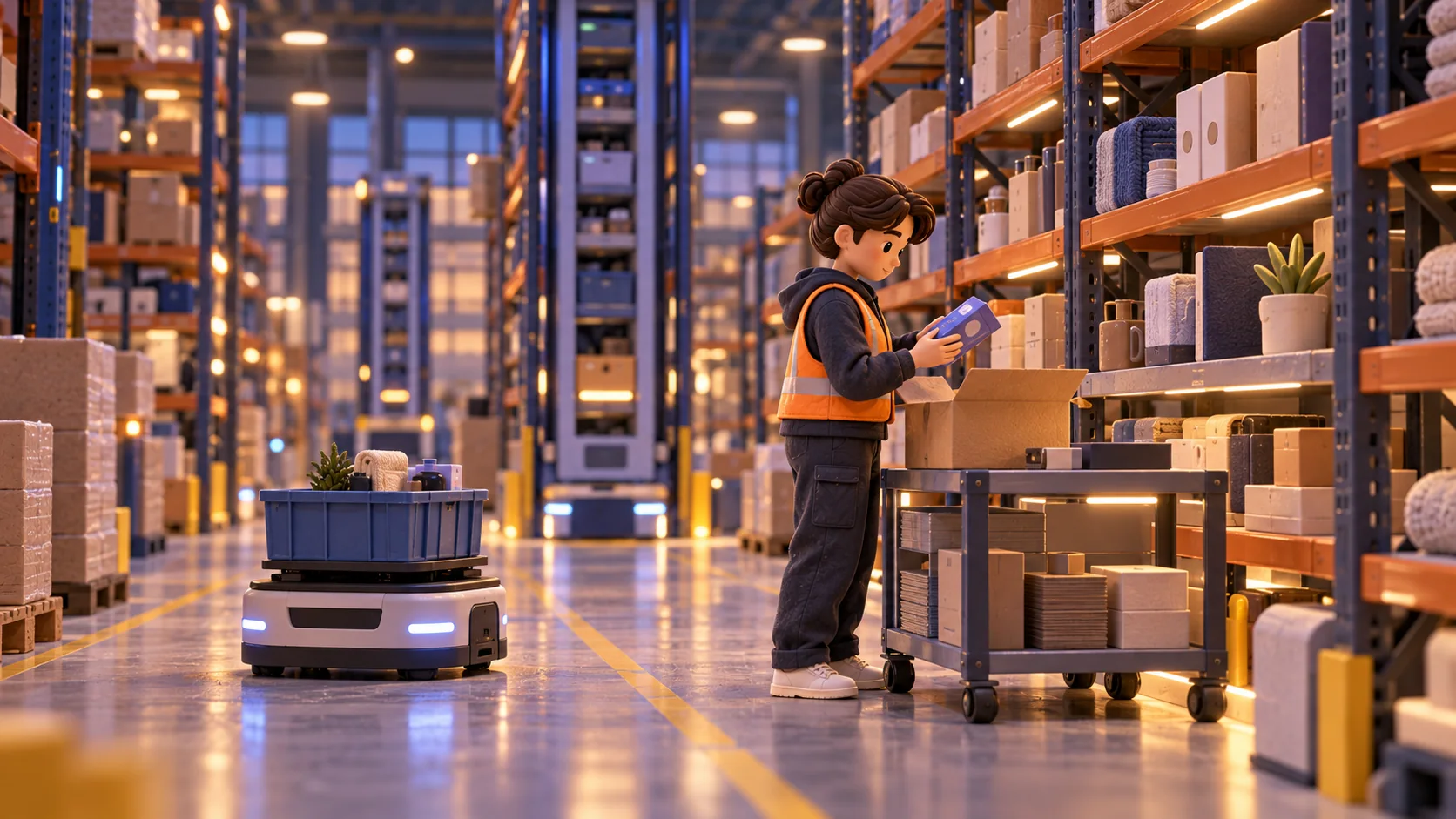A warehouse worker picks an item beside an autonomous mobile robot.