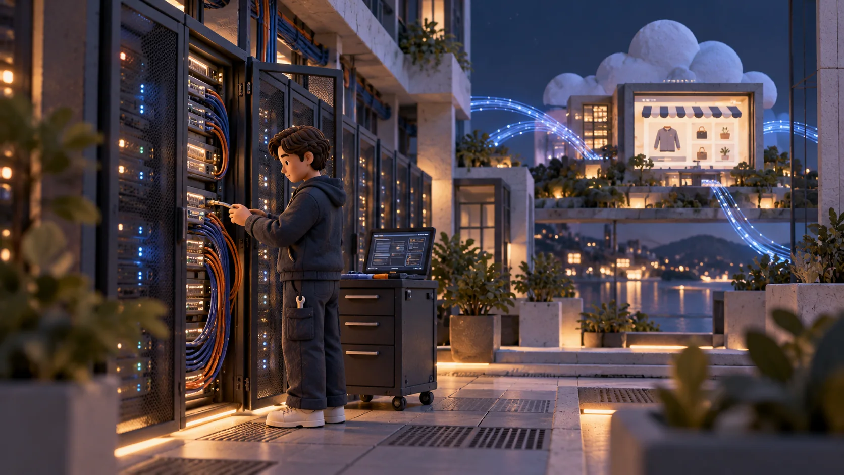 A technician maintains servers that keep an online storefront connected.