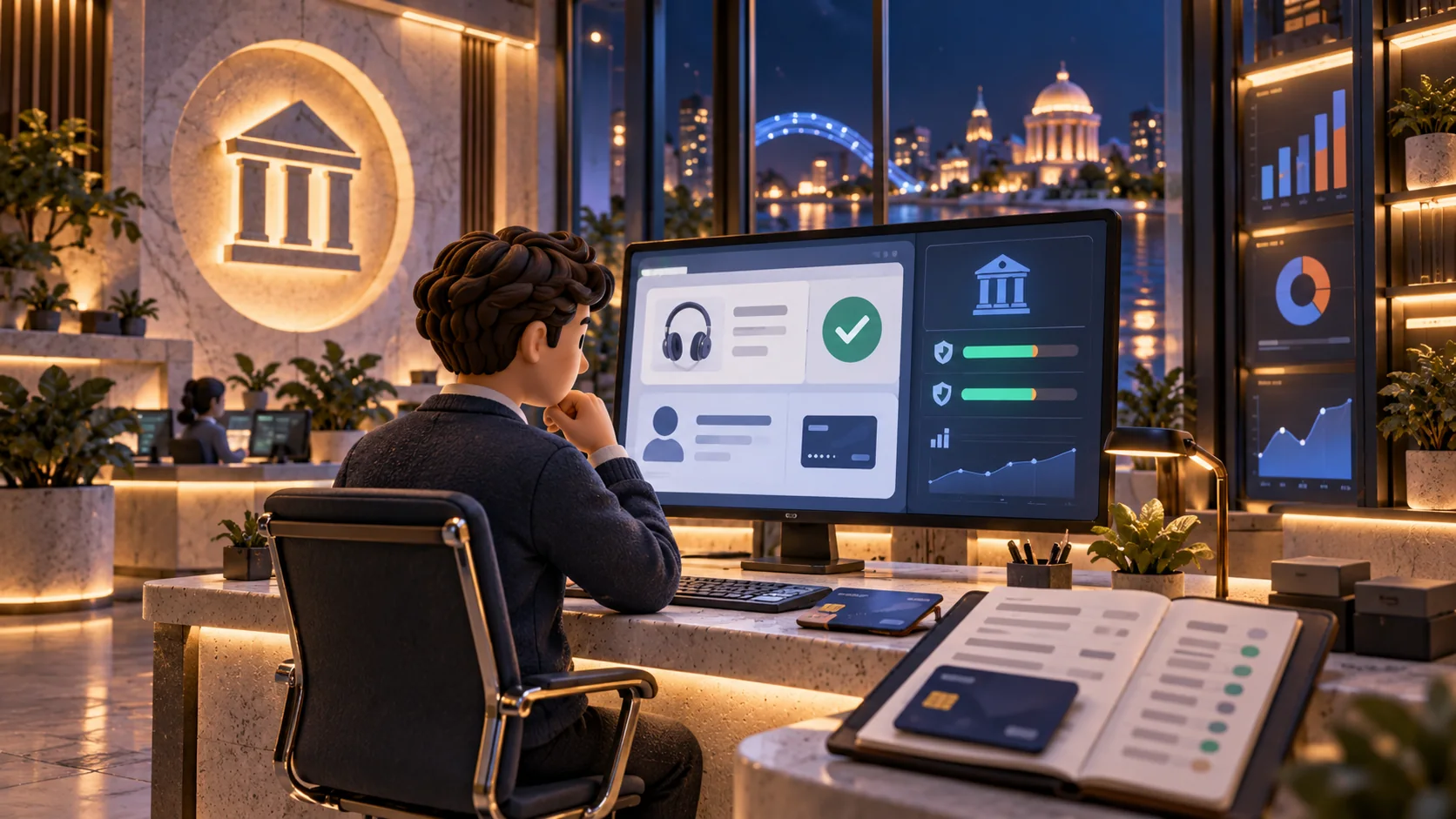 A bank worker reviews and approves a customer’s online card purchase.