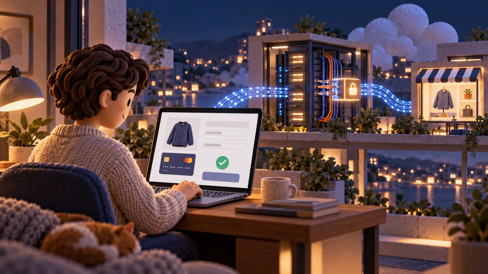 A shopper completes an online checkout as the payment request passes through secure processing systems.