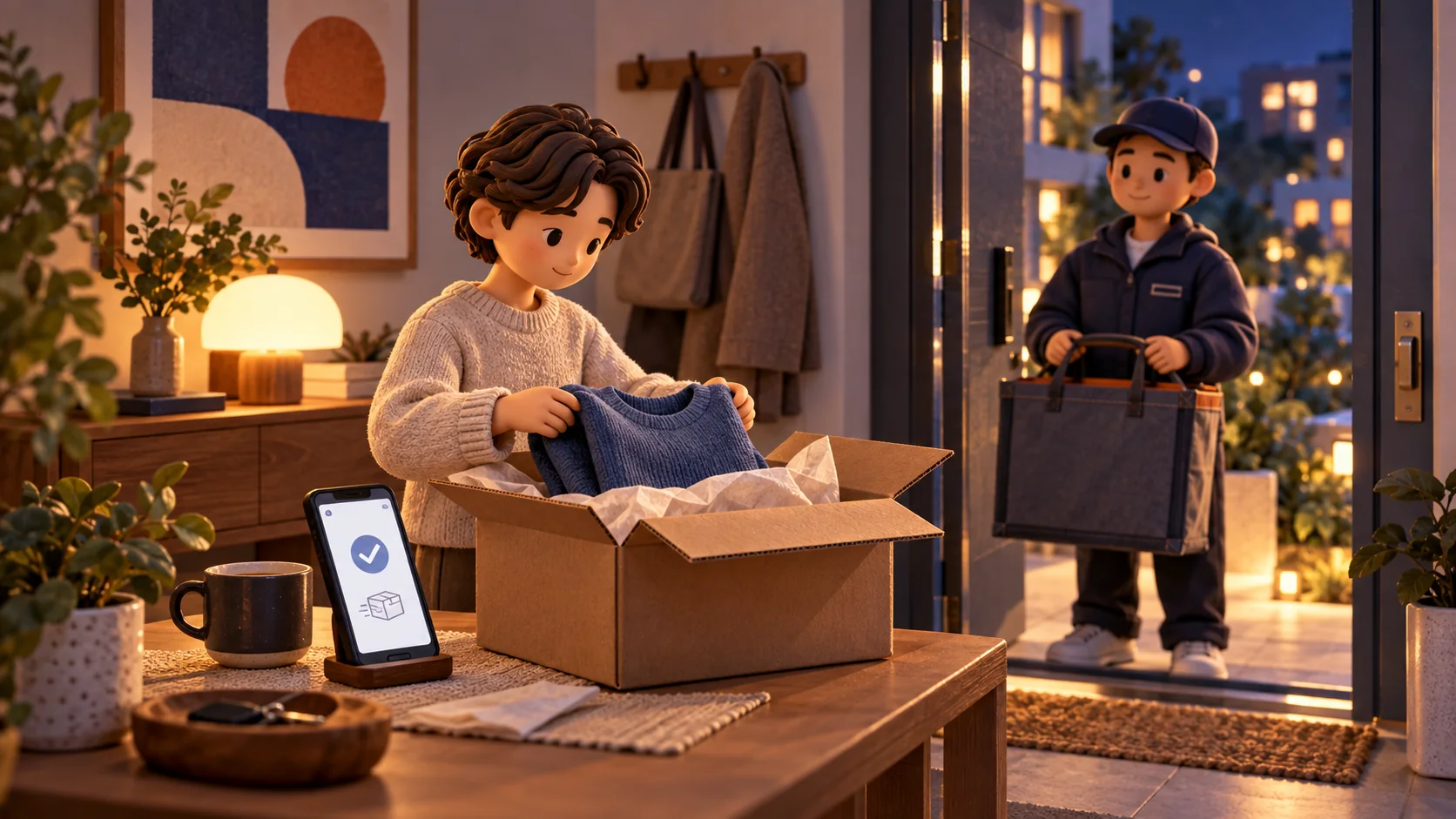 A customer packs a return while a courier arrives to collect it.