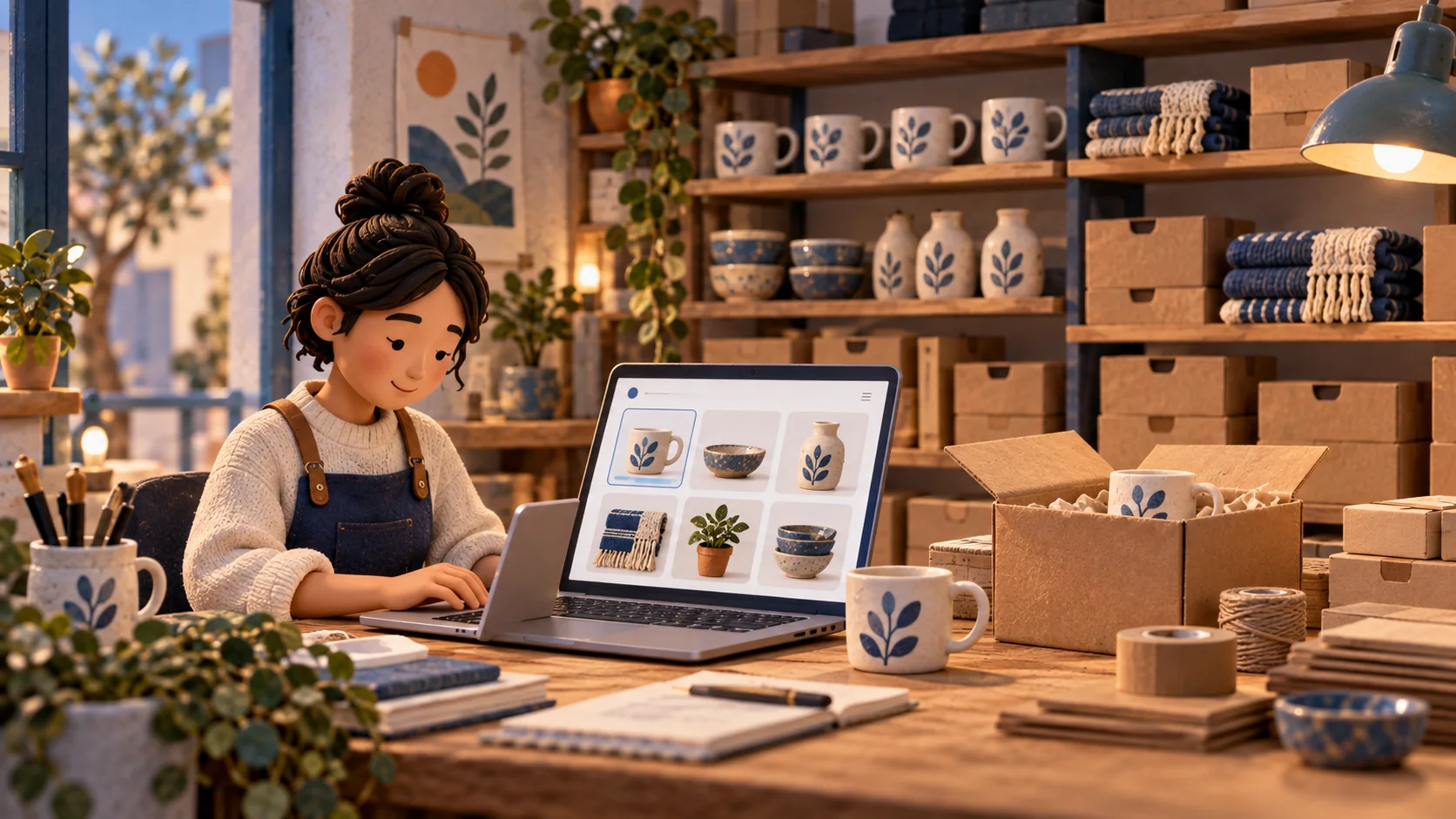 A merchant manages an online product catalog beside inventory shelves and a packed order.