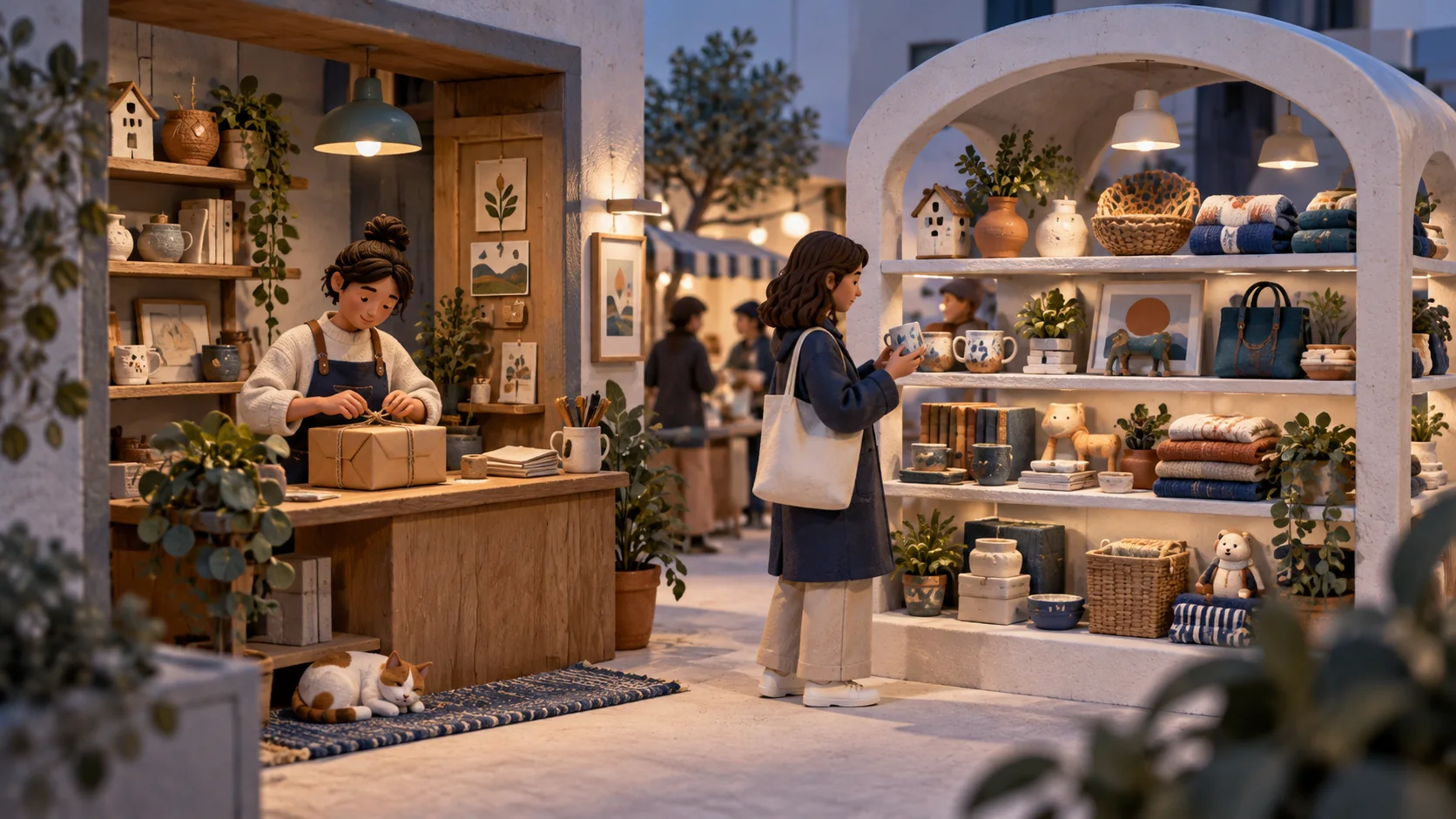 A merchant packs an order while a customer browses products in a marketplace.