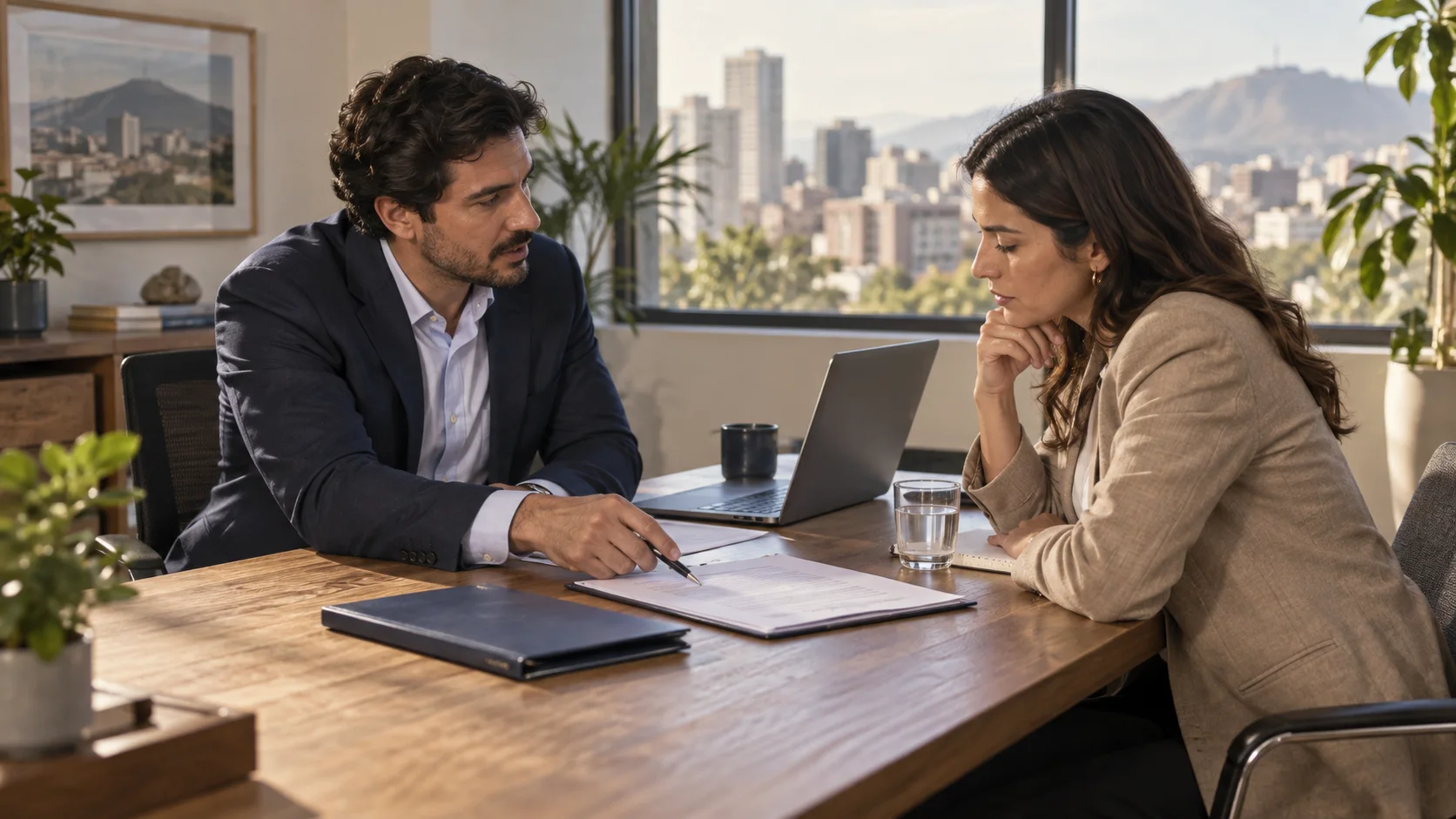 Two businesspeople review a payment-services contract across a meeting table.