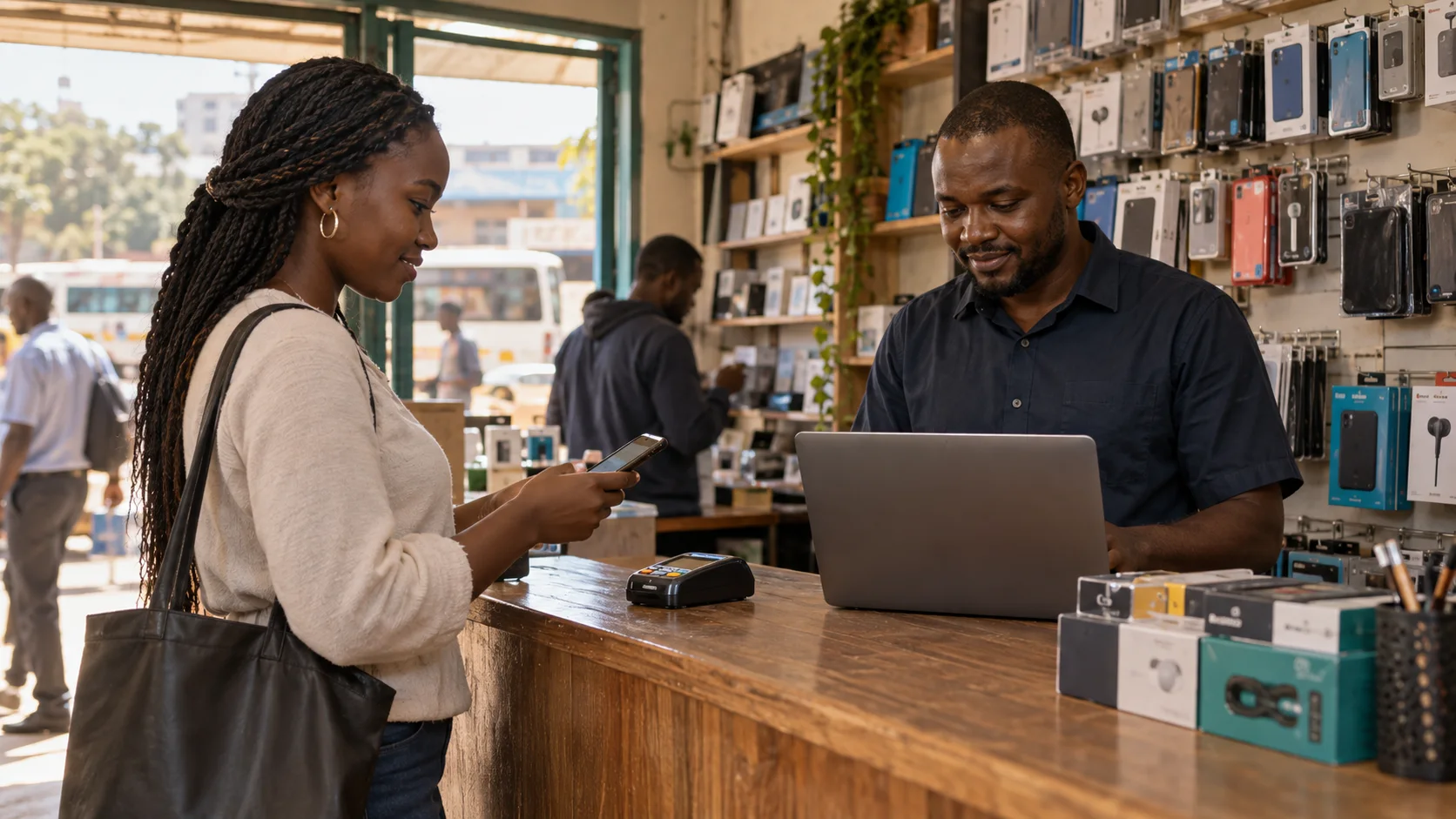 A shop owner checks a laptop while a customer confirms a mobile payment at the counter.