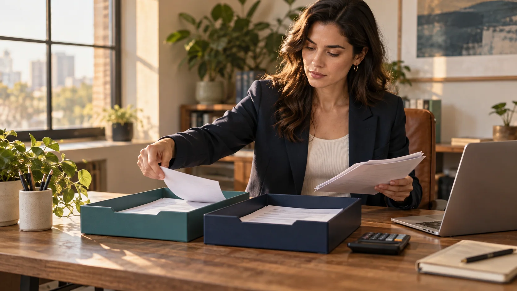 A finance analyst sorts settlement and corporate treasury paperwork into separate trays.