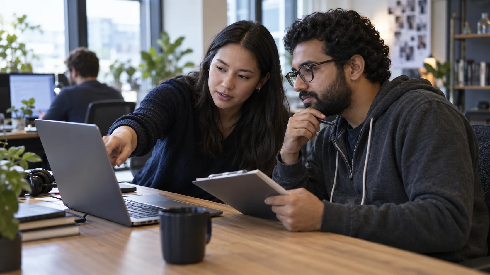 A developer and reviewer inspect a software change before release.