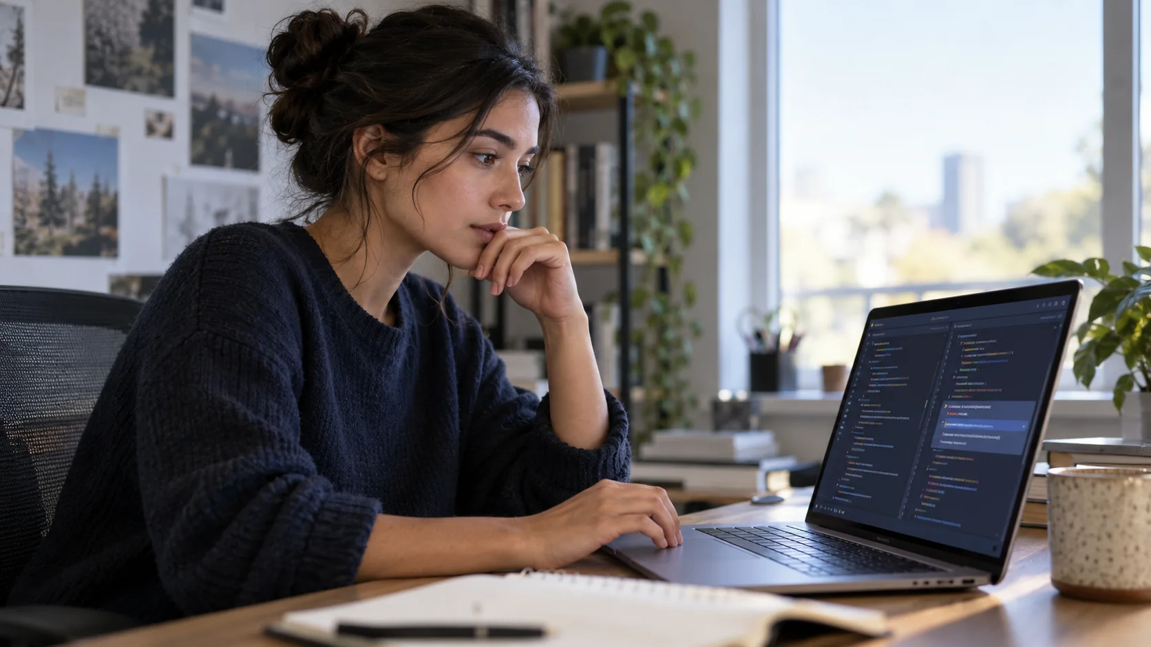 A developer examines an AI-assisted code suggestion on a laptop.