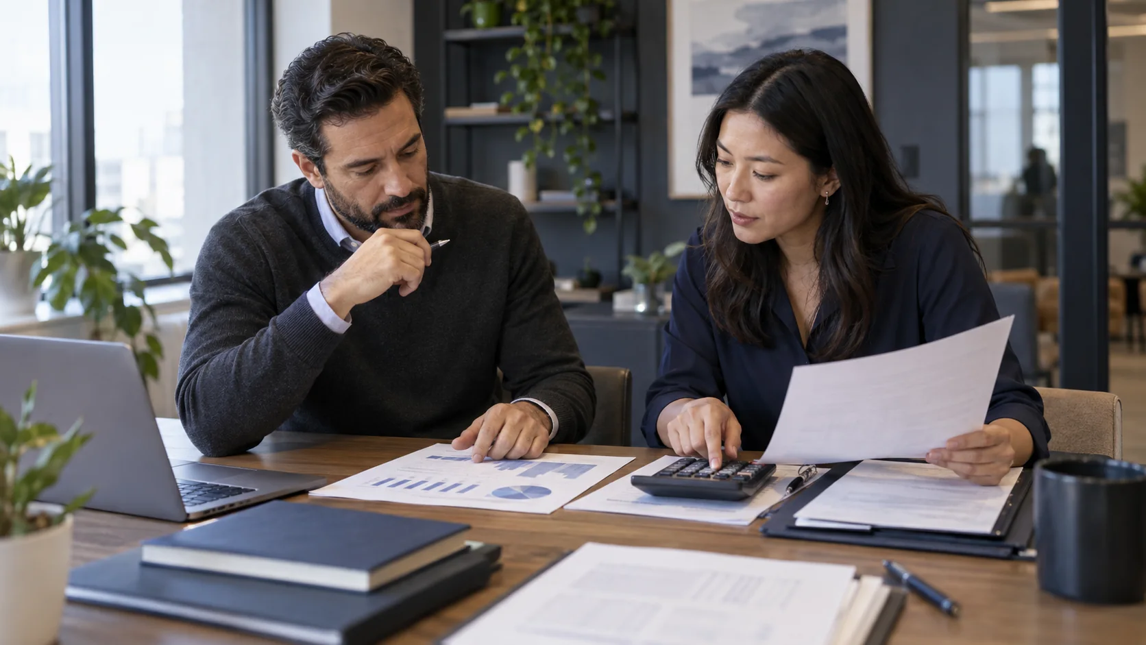 Finance colleagues review cash and compensation documents.