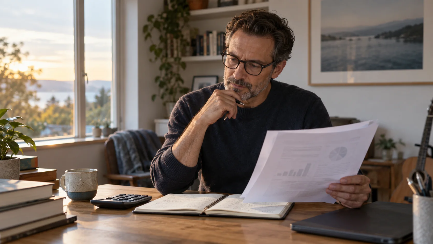 An investor reviews a company report at home.