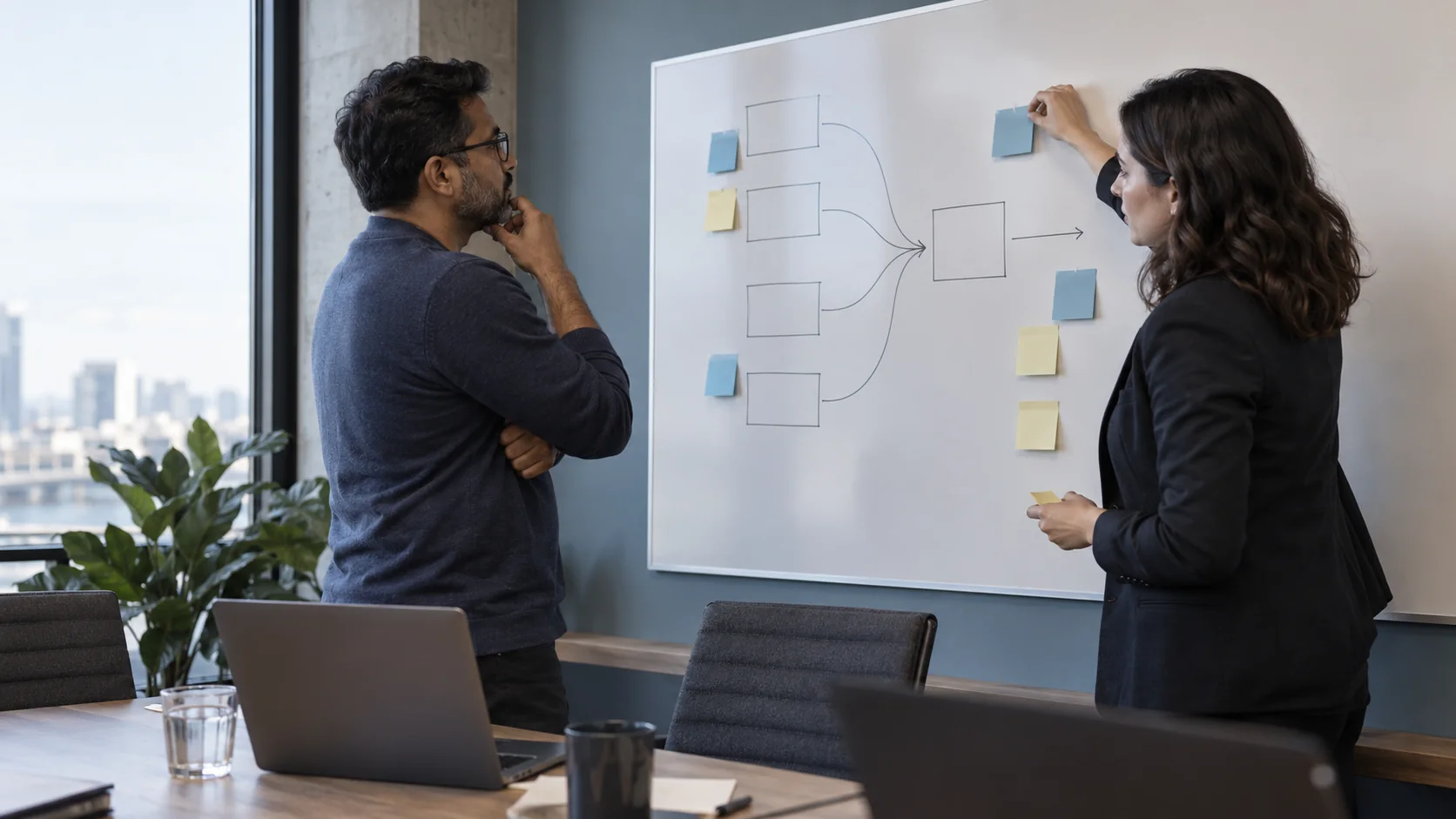 Two enterprise technology leads plan a migration on a whiteboard.