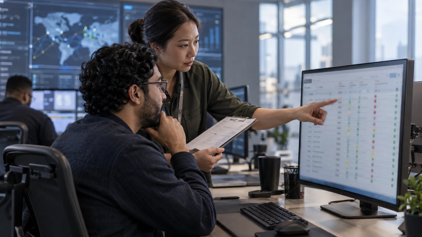 Security colleagues review access controls on a monitor.