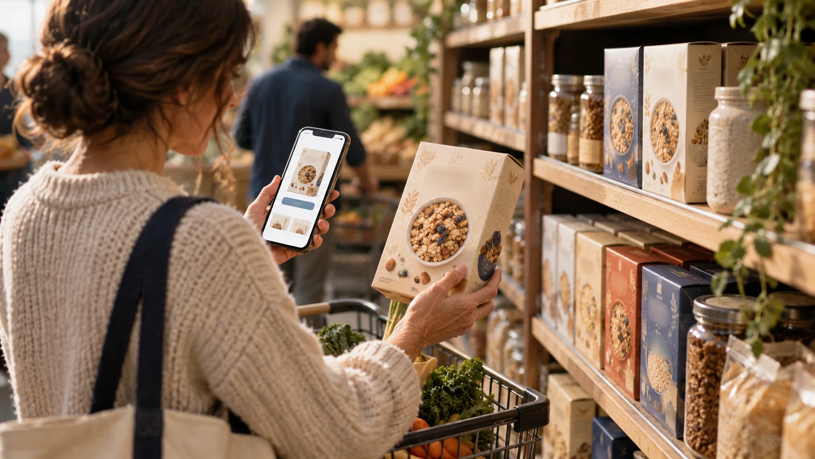 A grocery product appears on a shelf and a shopper’s phone.