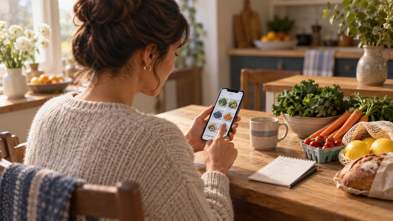 A household shopper plans a grocery order on a phone.