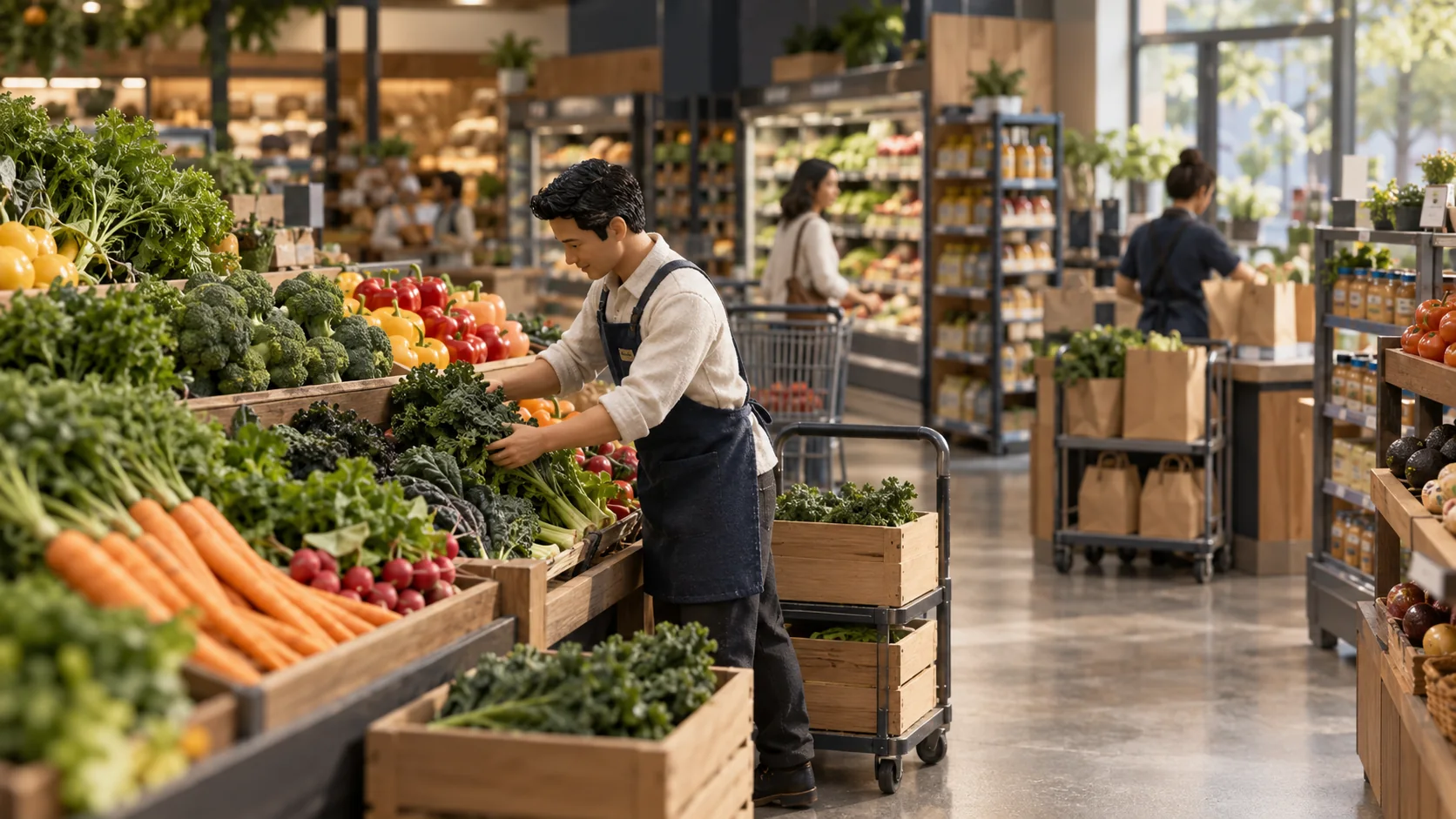 A grocery retailer stocks and sells the goods.