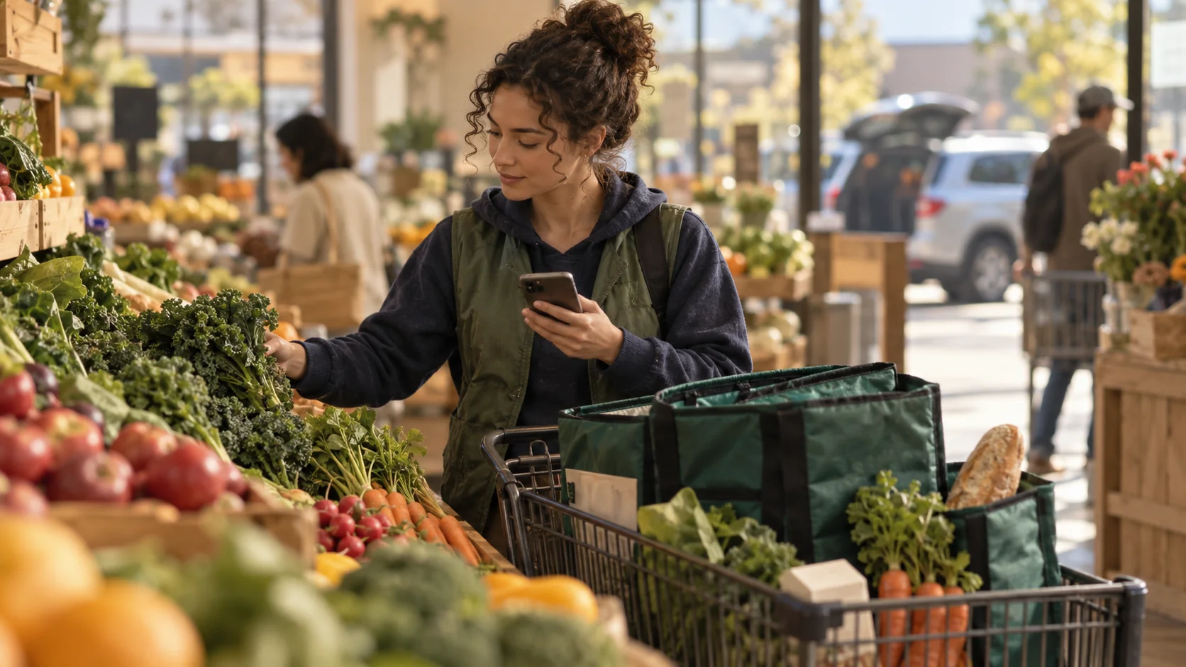 A grocery picker checks an order while selecting produce for delivery.