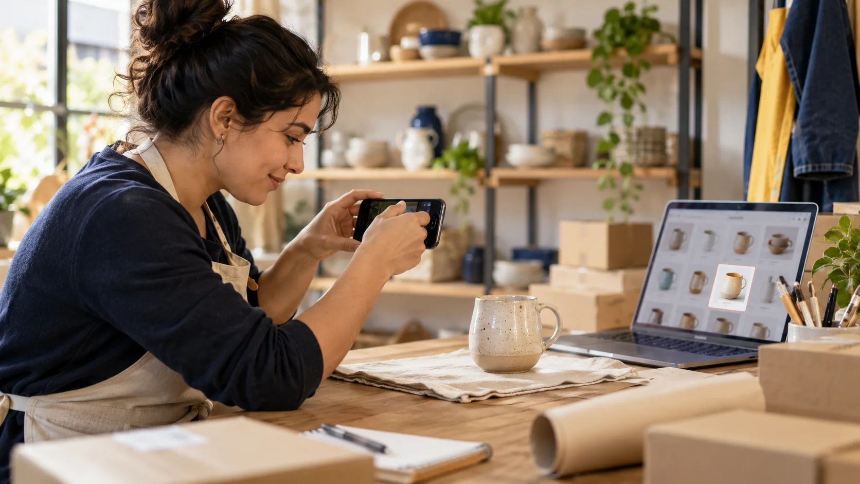 A small merchant photographs a product for her online catalog.