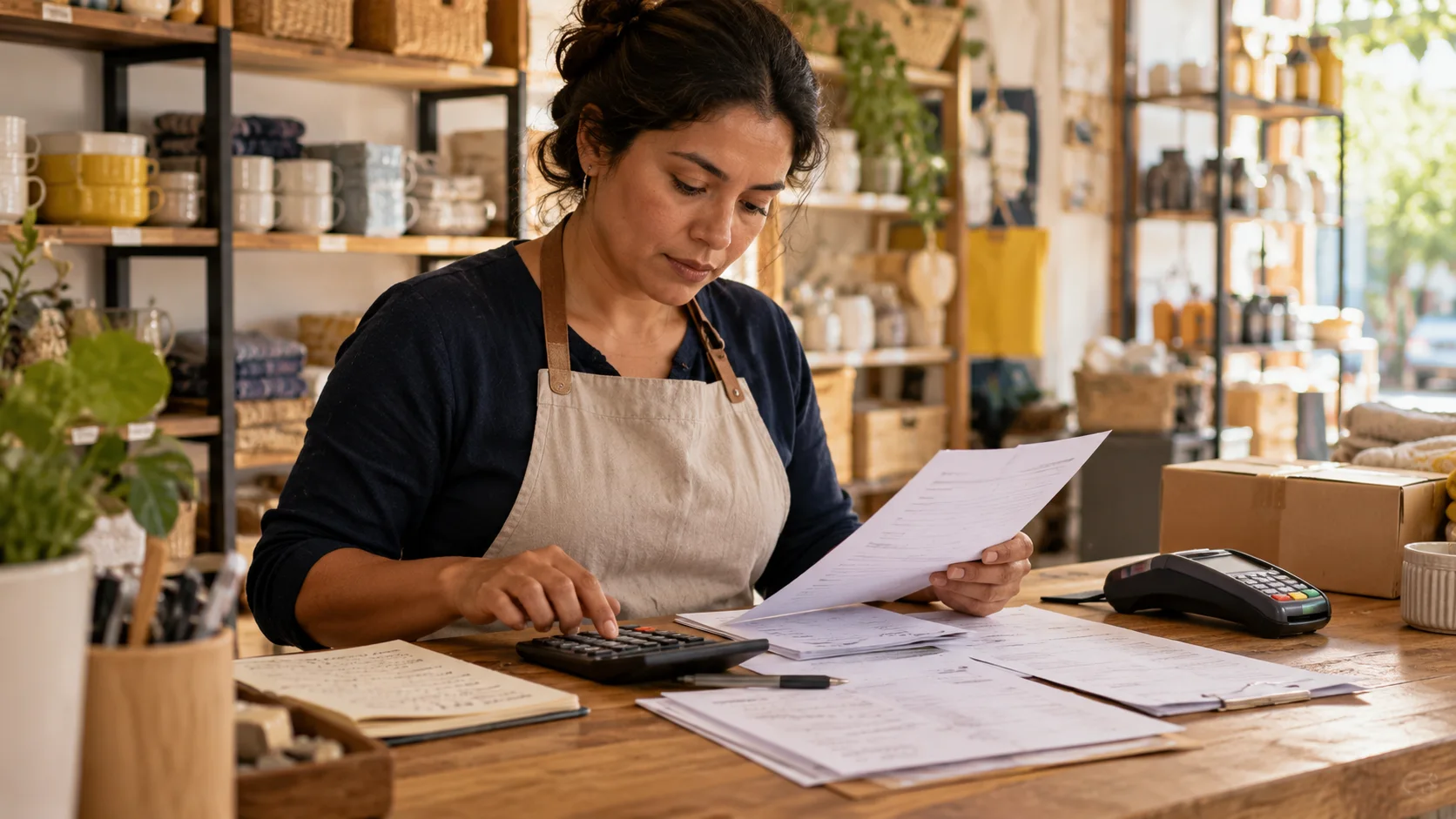 A shop owner reviews invoices and working capital at her counter.