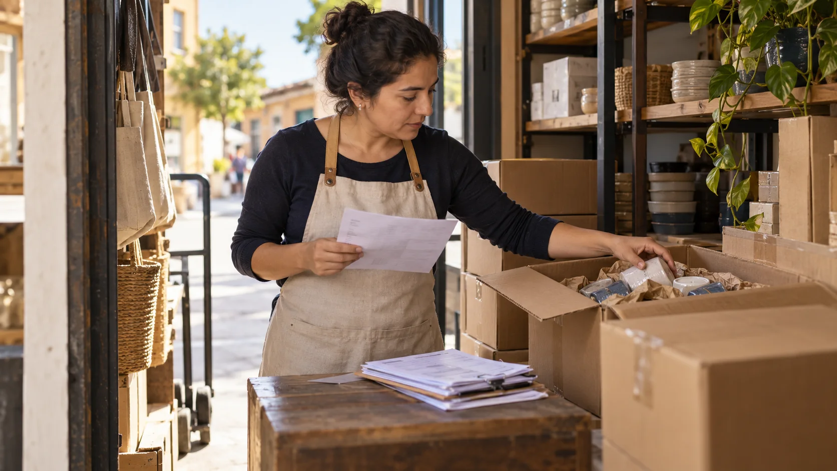 A shop owner checks a new inventory delivery against an order.