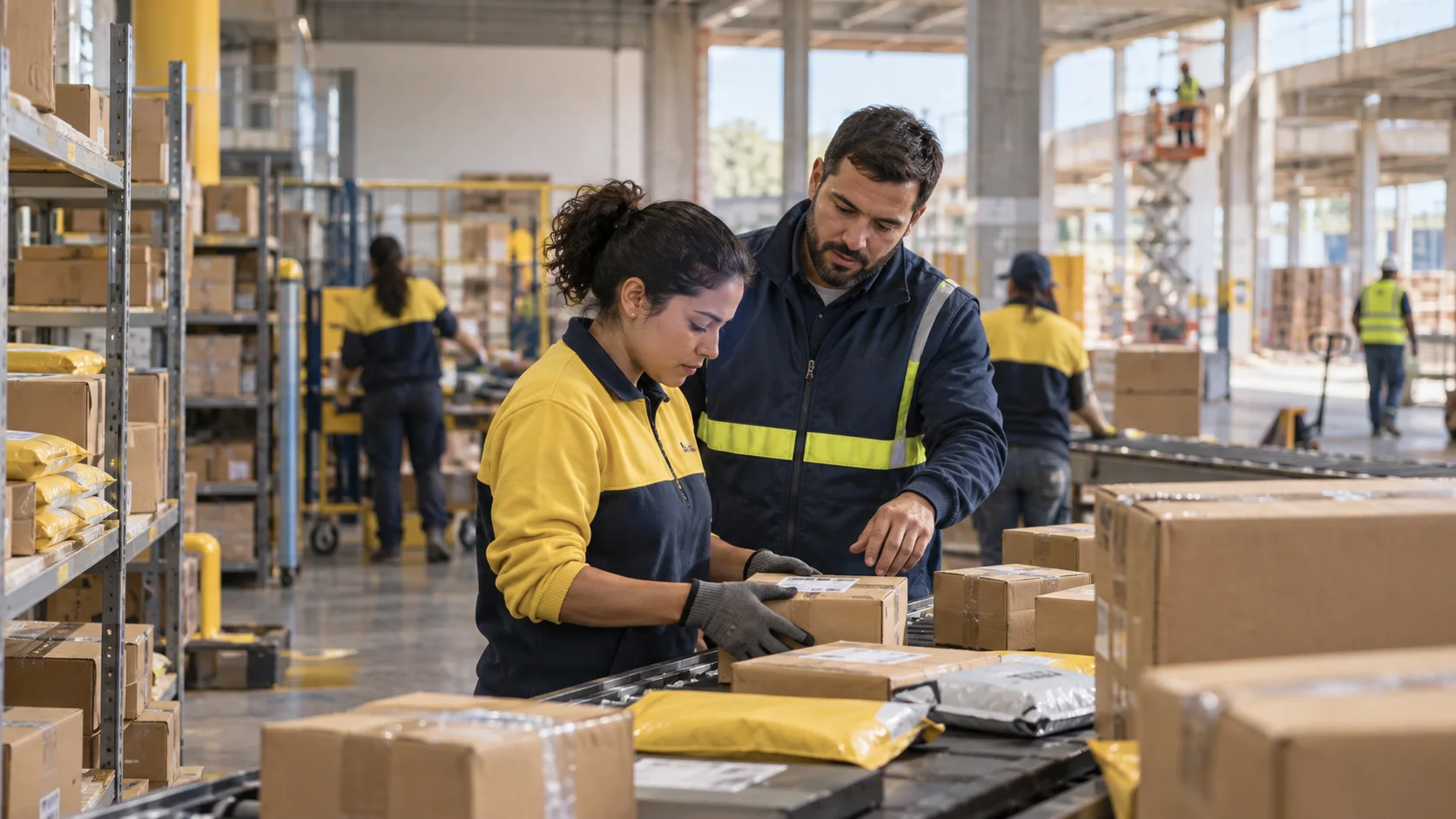 Workers organize parcels in a busy sorting hub.