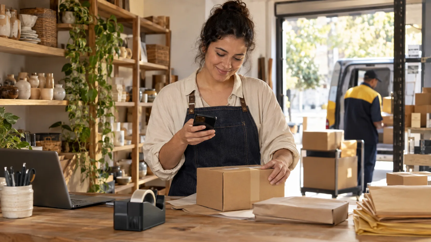 A small-business merchant prepares an online order while checking a handheld device.