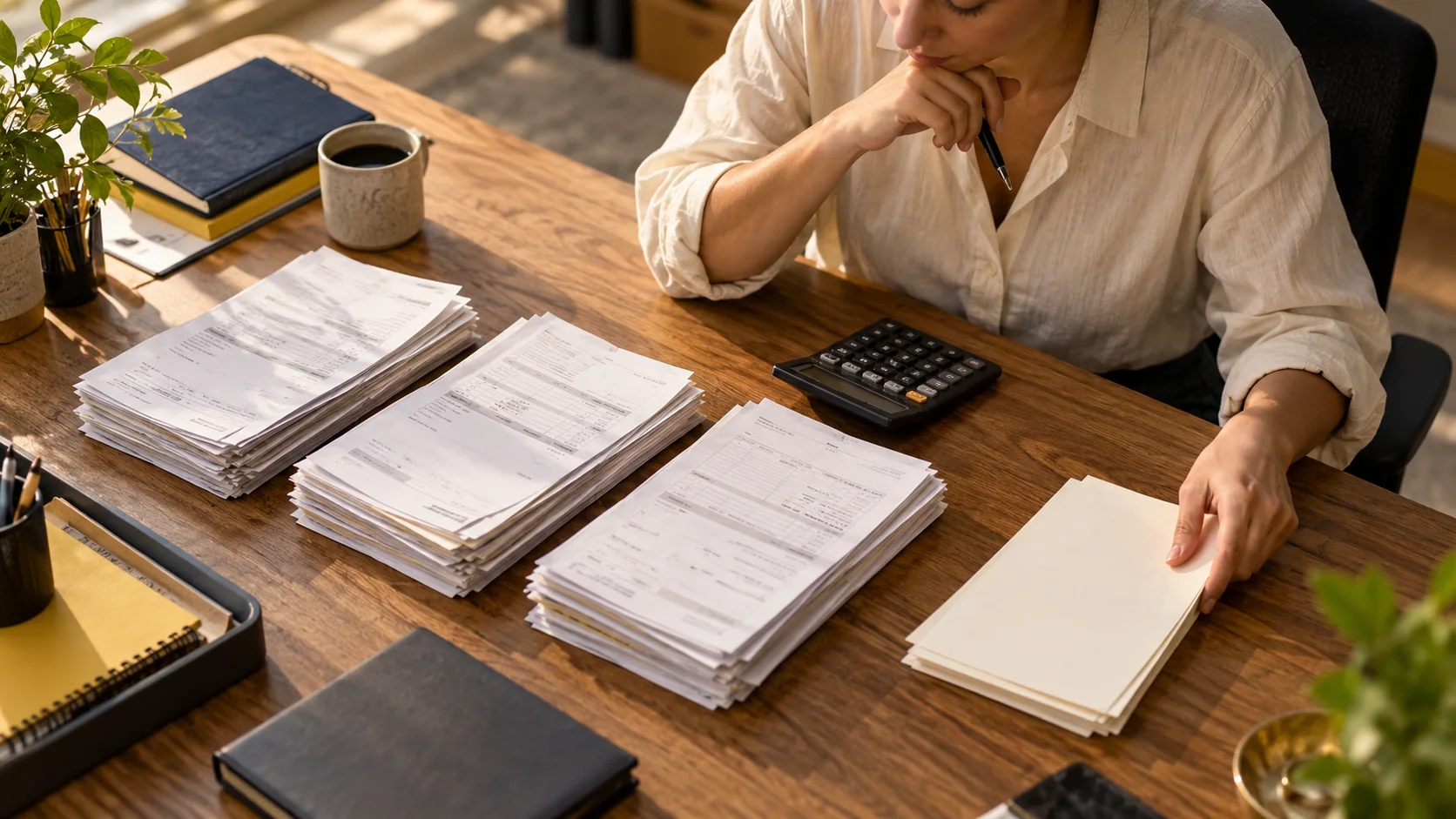 A finance professional reviews operating invoices and sets aside the remaining papers.