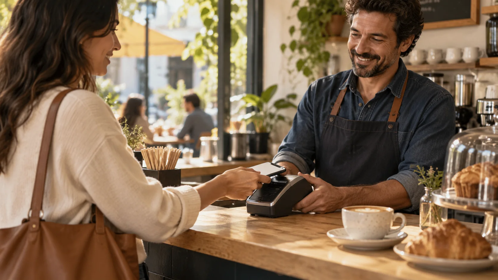 A customer pays at a neighborhood cafe with a card terminal.