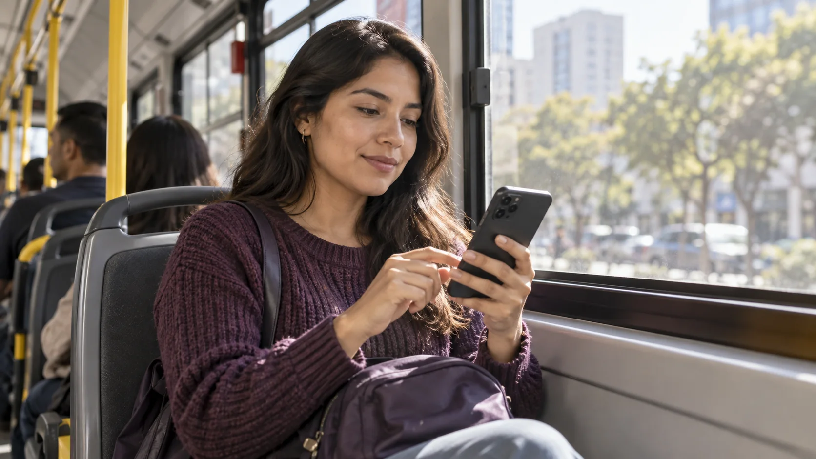 A commuter checks a banking account on her phone.