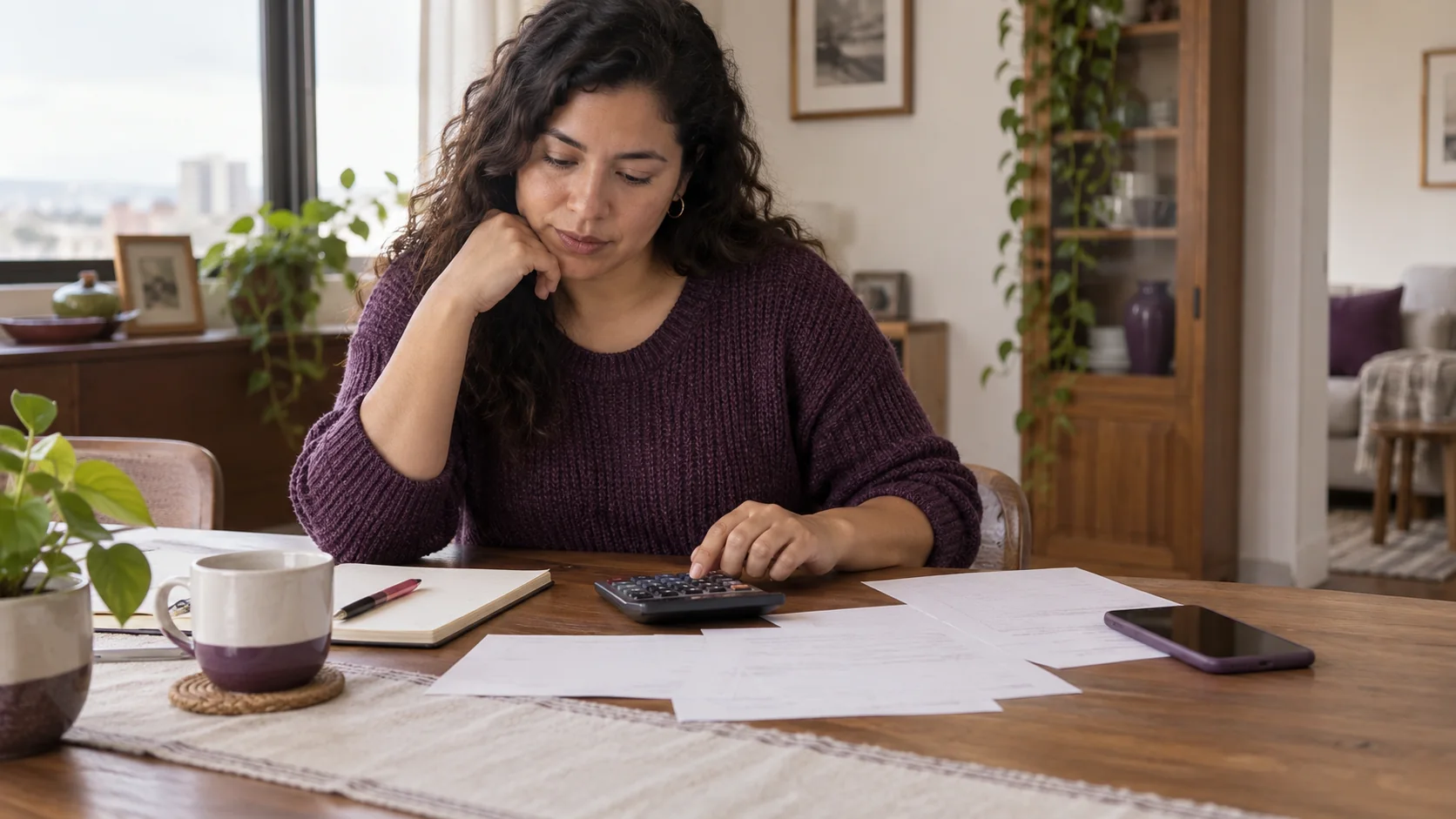 A borrower reviews a household budget with a calculator.