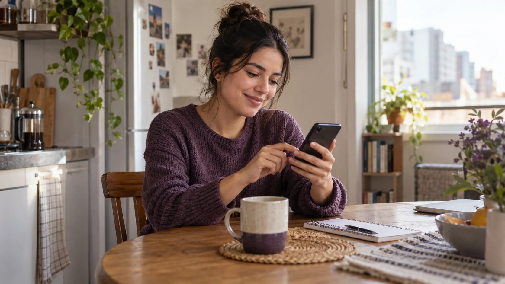 A customer uses a banking app at her kitchen table.