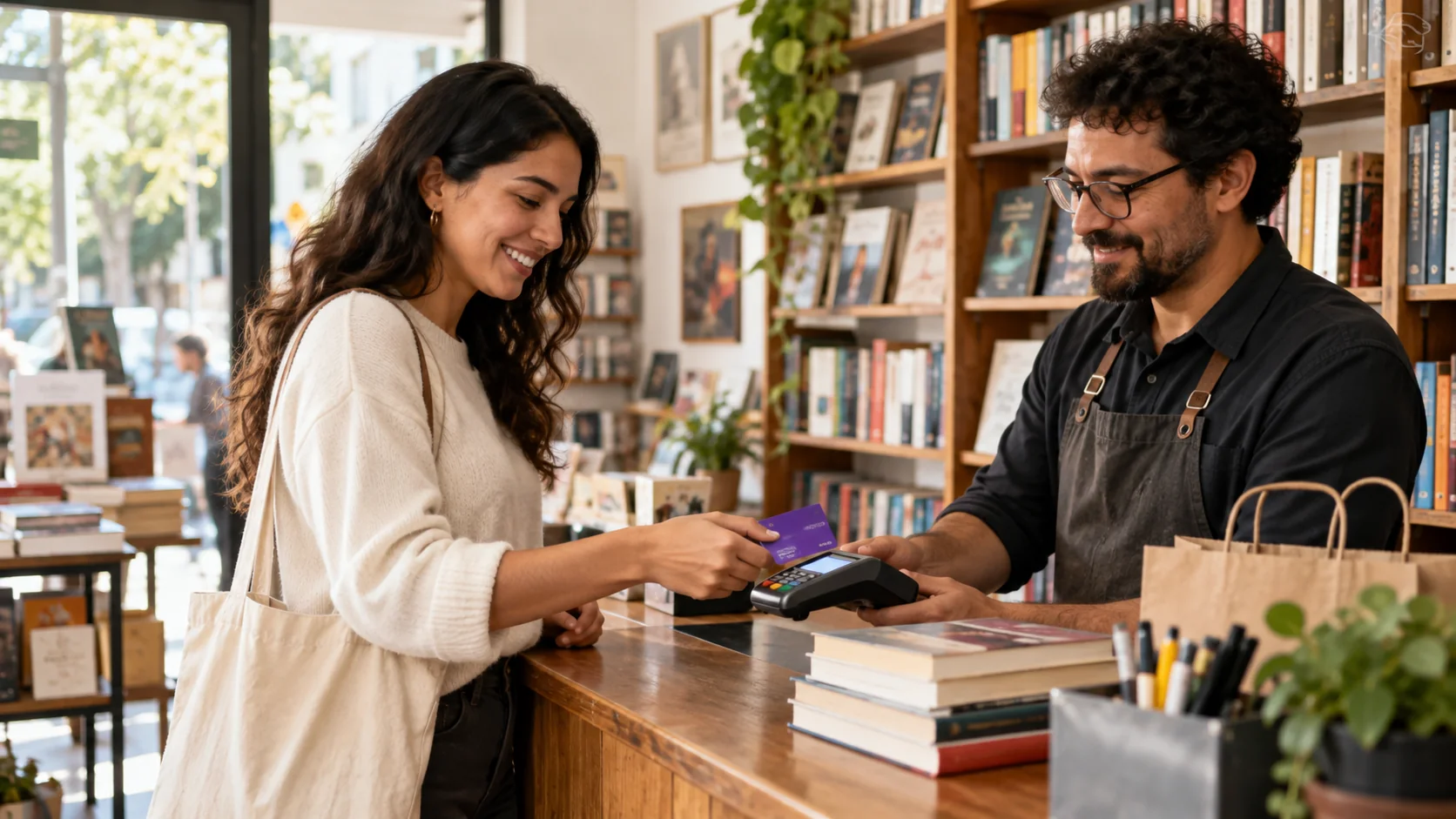 A customer pays with a card at a neighborhood bookshop.