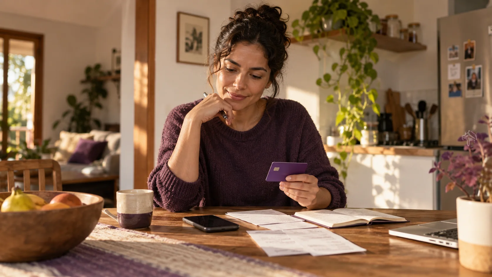A customer reviews a payment card and household finances at home.
