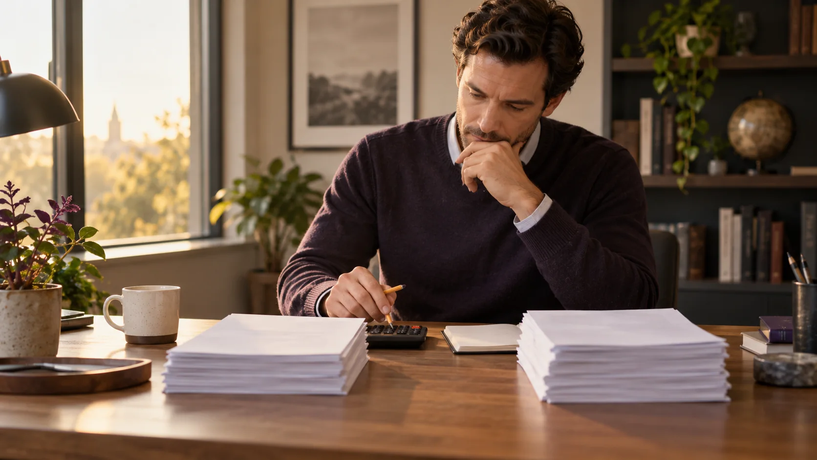 An analyst compares stacks of earnings papers at a desk.